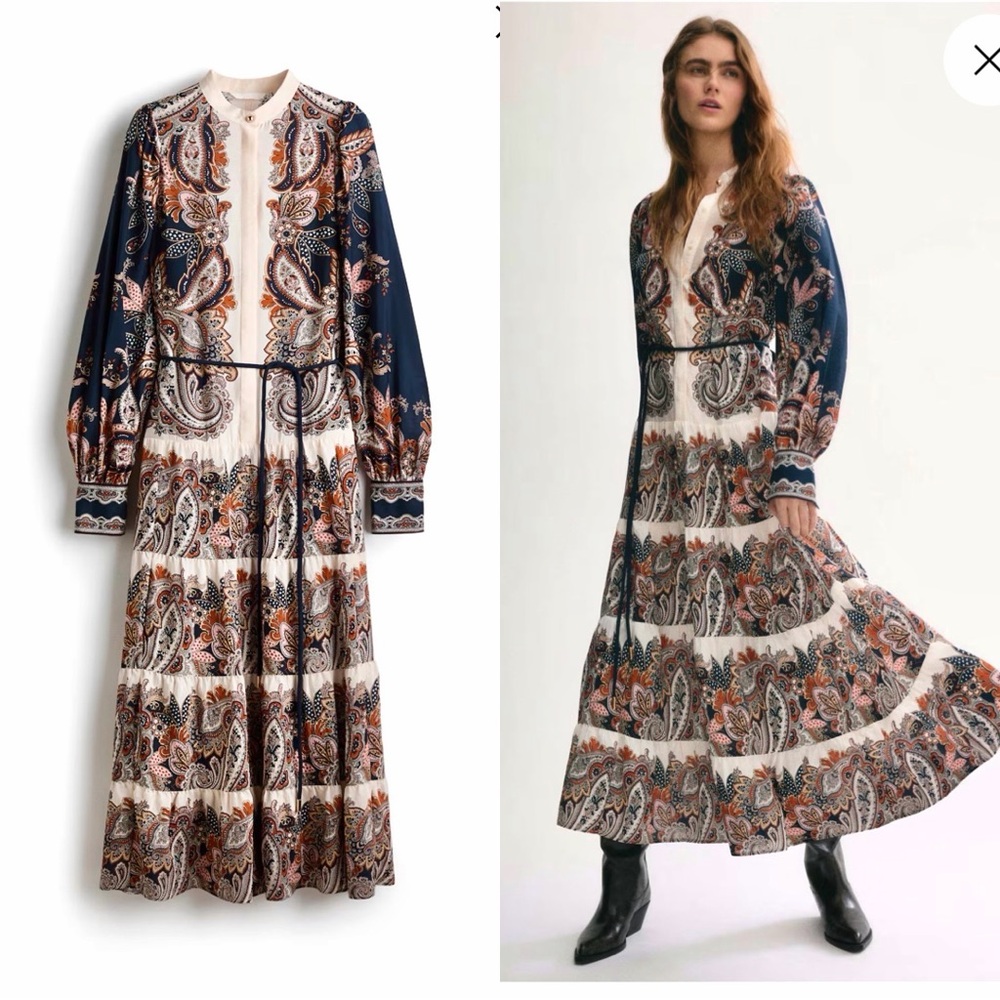 NEW H&M Elegant DRESS WITH TIERED SKIRT Paisley Print Maxi Dress Sz XS